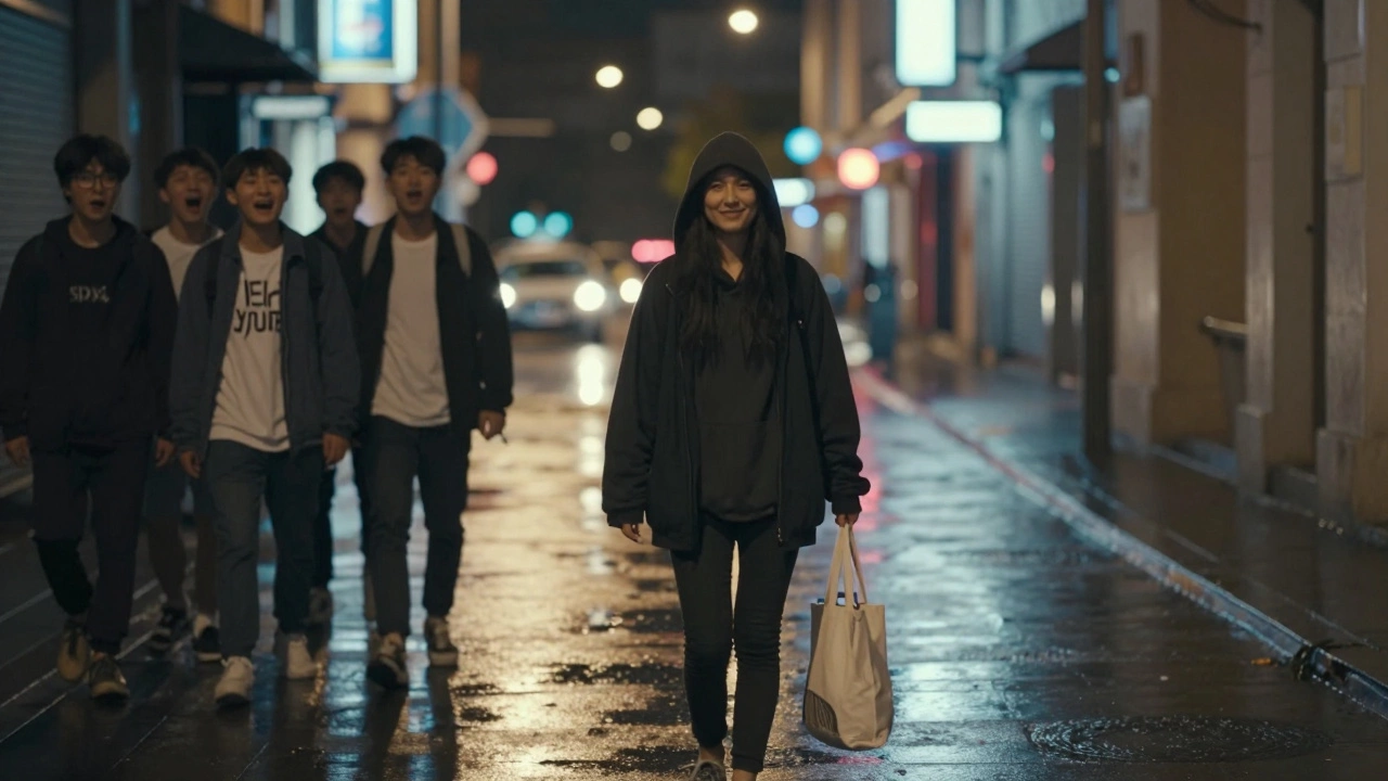 A sex worker walking home at night, ignoring shouts, smiling quietly.